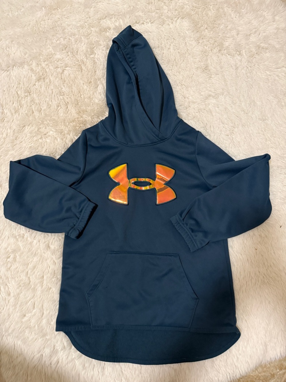 Under Armour Kids Blue Hoodie with Orange Iridescent Logo